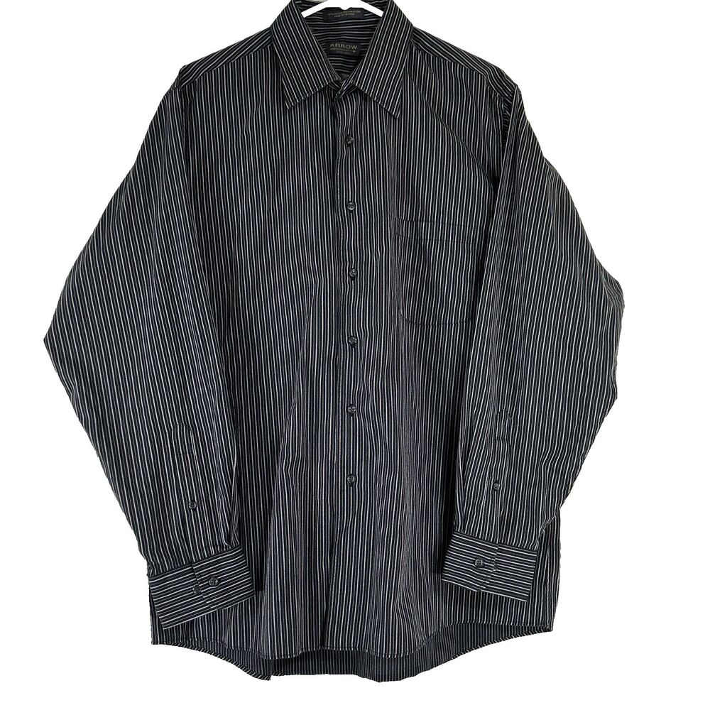 ARROW Wrinkle Free Shirt Button Front Black White Stripe Long Sleeve Large 16.5